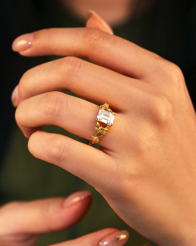 ANYA Emerald Cut Moissanite Nature Inspired Leaf Floral Cluster Engagement Ring