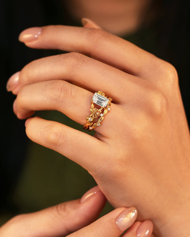 BERTHA Emerald Cut Moissanite Nature Inspired Bridal Ring Set with Leaf Wedding Band