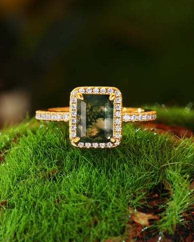 CYBELE Halo Emerald Cut Moss Agate Engagement Ring