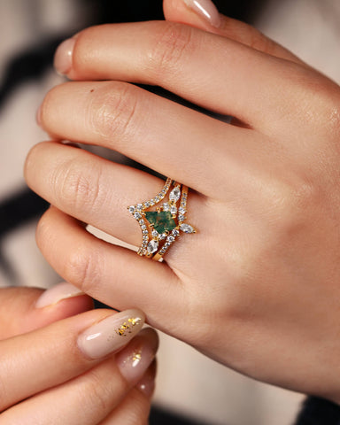 ELYSIA Vintage Kite Cut Moss Agate Engagement Ring Set