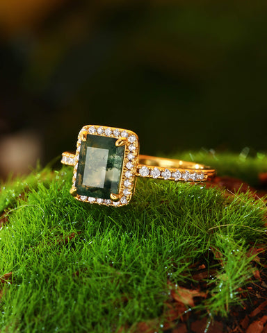CYBELE Halo Emerald Cut Moss Agate Engagement Ring