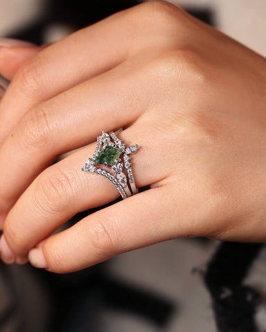 ELYSIA Vintage Kite Cut Moss Agate Engagement Ring Set