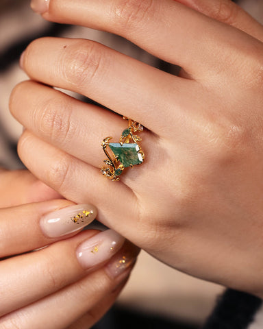 CORALIE Leaf Wrap Kite Cut Moss Agate Engagement Ring