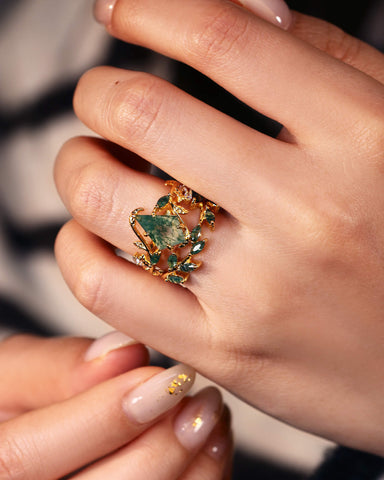 ROWENNA  Leaf Kite Cut Moss Agate Ring Set
