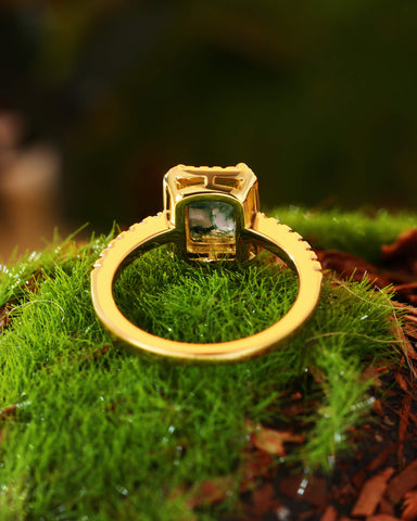 CYBELE Halo Emerald Cut Moss Agate Engagement Ring