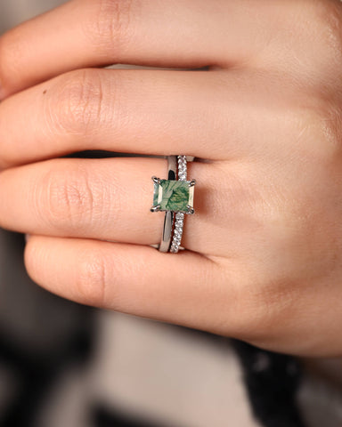 LIORAH Hidden Halo Emerald Moss Agate Ring Set
