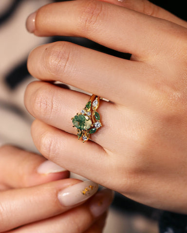 WINONA Oval Moss Agate Engagement Ring Set Cluster Moissanite Moss Agate Bridal Set