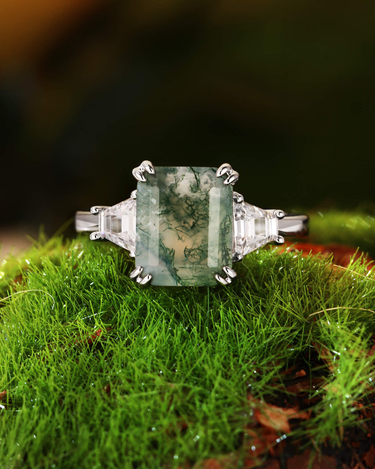 ABELLA Vintage Three Stone Emerald Cut Moss Agate Engagement Ring