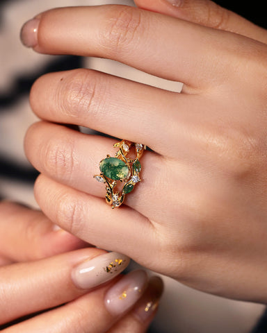 JUNIA Vine Leaf Oval Moss Agate Ring Set