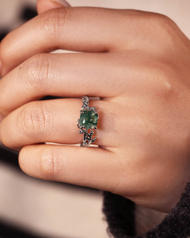 EVERLY Cushion Cut Moss Agate Forestcore Leafy Engagement Ring
