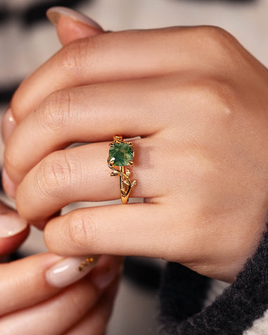 EVERLY Cushion Cut Moss Agate Forestcore Leafy Engagement Ring