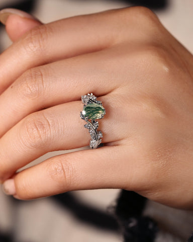 FABIOLA Oval Cut Moss Agate Engagement Ring with Vine Leaf