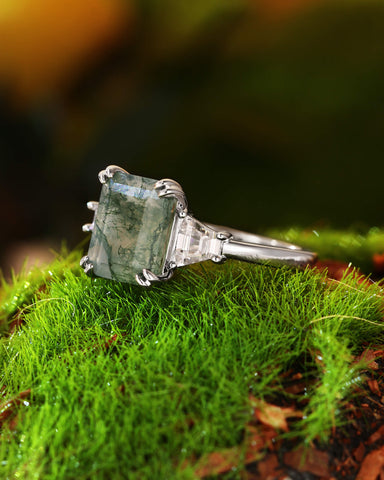 ABELLA Vintage Three Stone Emerald Cut Moss Agate Engagement Ring