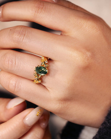 FABIOLA Oval Cut Moss Agate Engagement Ring with Vine Leaf