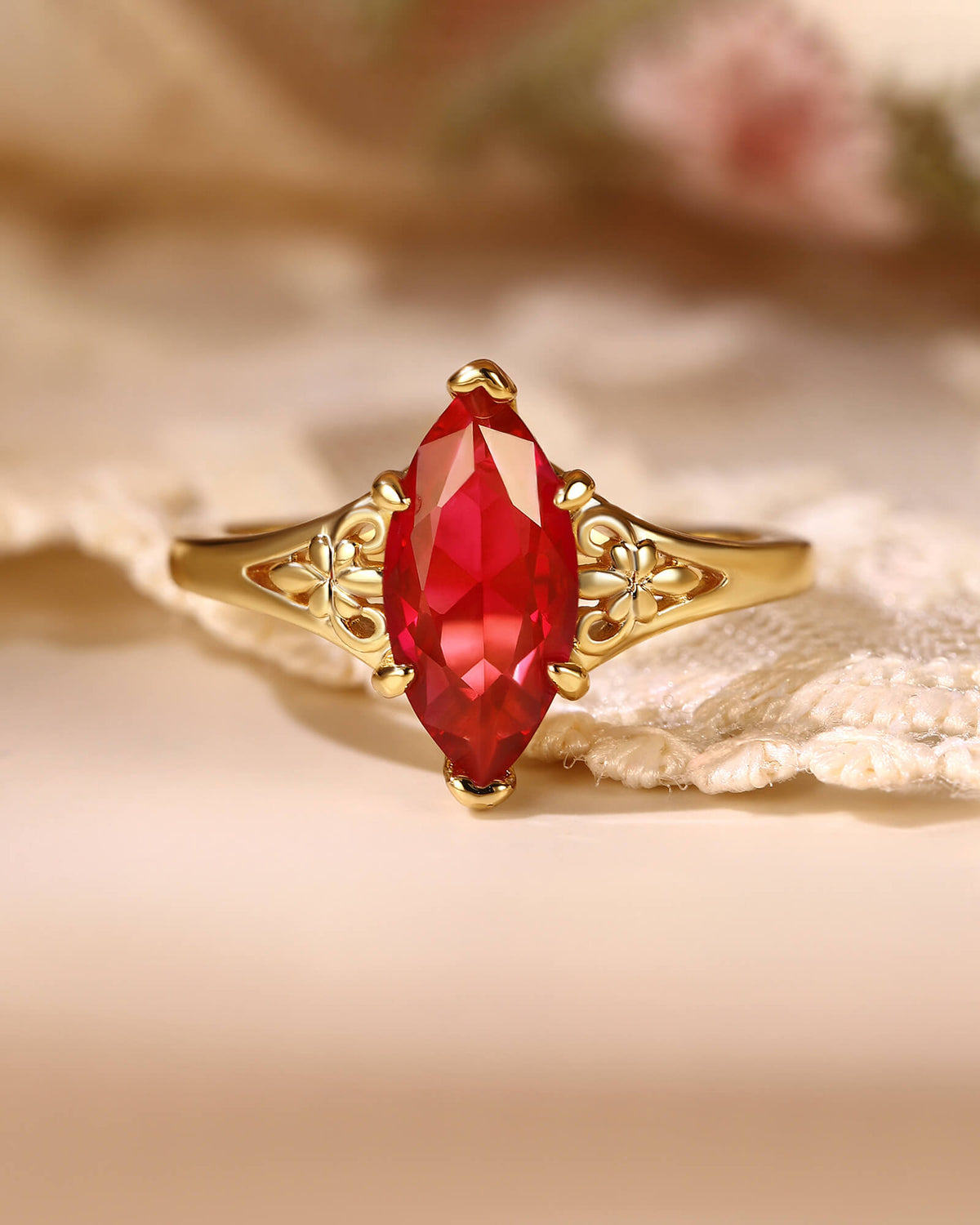 HILARY Fleur-De-Lis Art Deco Marquise Cut Ruby Engagement Ring