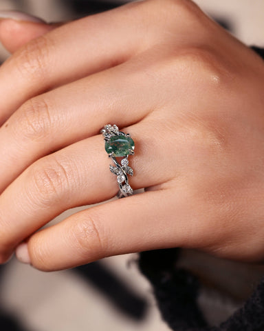 BETTINA Oval Cut Moss Agate Leafy Engagement Ring