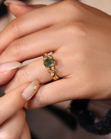 BETTINA Oval Cut Moss Agate Leafy Engagement Ring