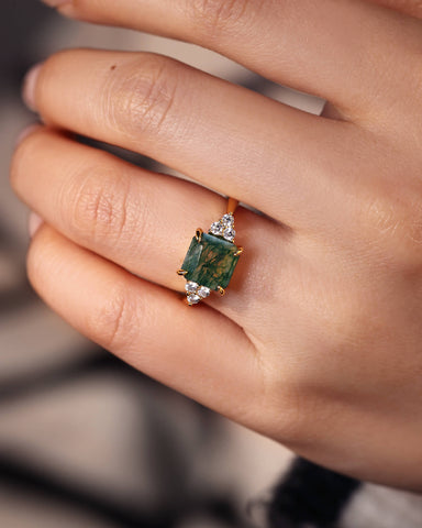 CYRA Square Shape Moss Agate Unique Engagement Ring