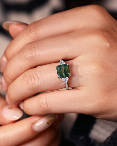 CYRA Square Shape Moss Agate Unique Engagement Ring