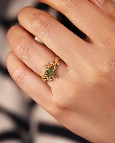 HORTENSE Heart Cut Moss Agate Branch Leafy Inspired Engagement Ring