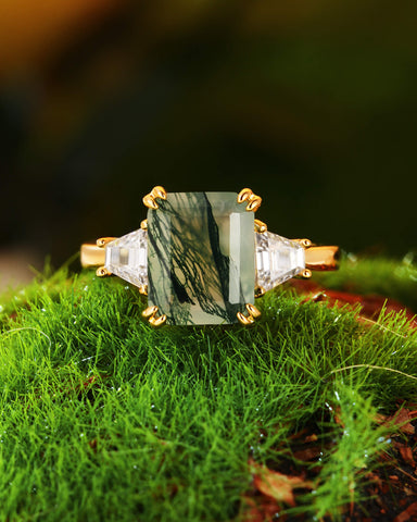 ABELLA Vintage Three Stone Emerald Cut Moss Agate Engagement Ring
