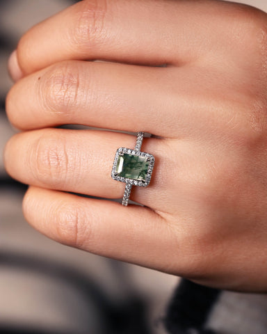 CYBELE Halo Emerald Cut Moss Agate Engagement Ring