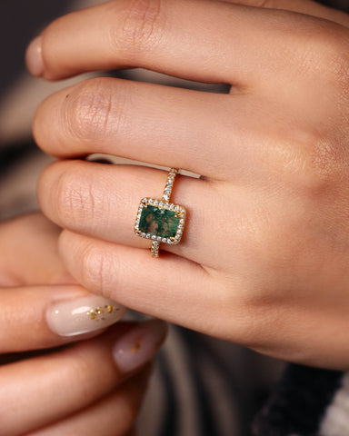 CYBELE Halo Emerald Cut Moss Agate Engagement Ring