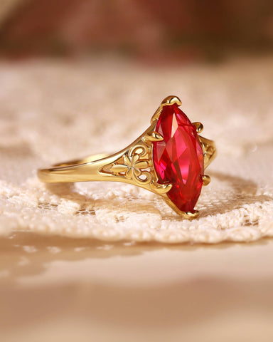 HILARY Fleur-De-Lis Art Deco Marquise Cut Ruby Engagement Ring