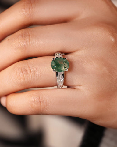 DAHLIA  Leaf Oval Shaped Moss Agate Engagement Ring