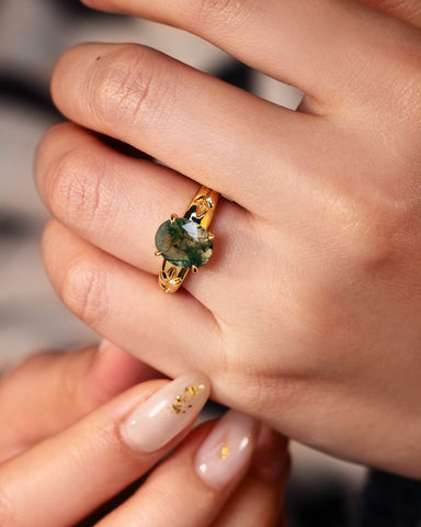 DAHLIA  Leaf Oval Shaped Moss Agate Engagement Ring
