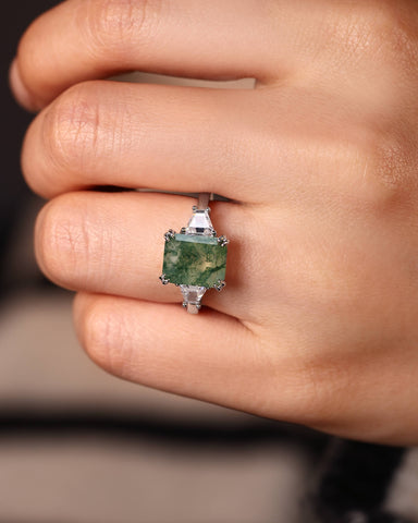 ABELLA Vintage Three Stone Emerald Cut Moss Agate Engagement Ring