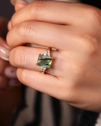 ABELLA Vintage Three Stone Emerald Cut Moss Agate Engagement Ring