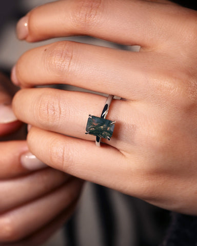ELAINE Classic Emerald Cut Moss Agate Solitaire Engagement Ring