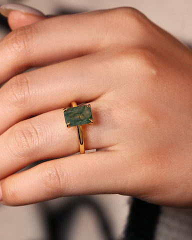 ELAINE Classic Emerald Cut Moss Agate Solitaire Engagement Ring