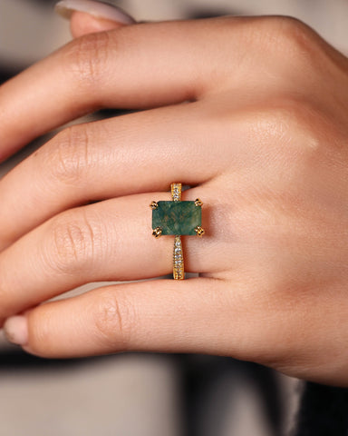 REVERIE Emerald Cut Moss Agate Double Claw Engagement Ring