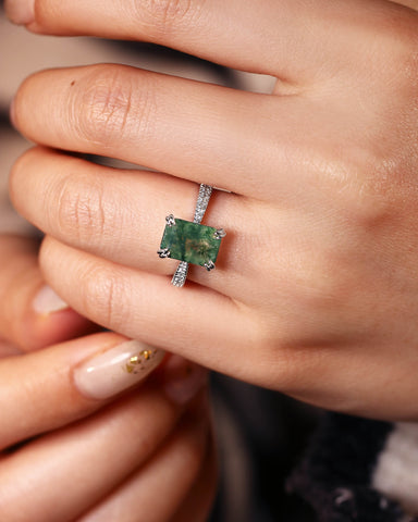 REVERIE Emerald Cut Moss Agate Double Claw Engagement Ring