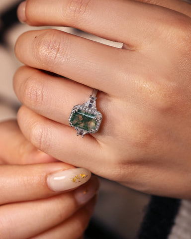 BLYTHE Emerald Cut Moss Agate Vintage Halo Engagement Ring