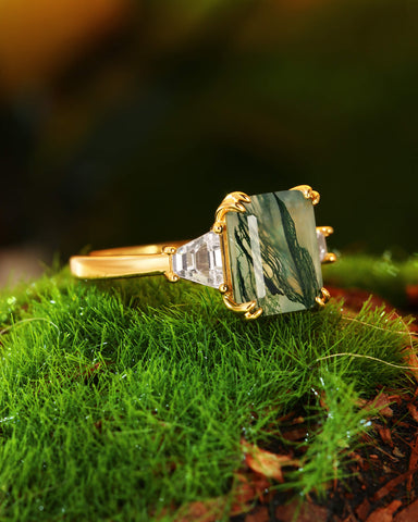 ABELLA Vintage Three Stone Emerald Cut Moss Agate Engagement Ring