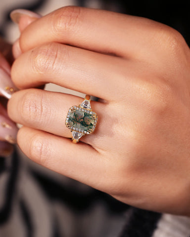 BLYTHE Emerald Cut Moss Agate Vintage Halo Engagement Ring