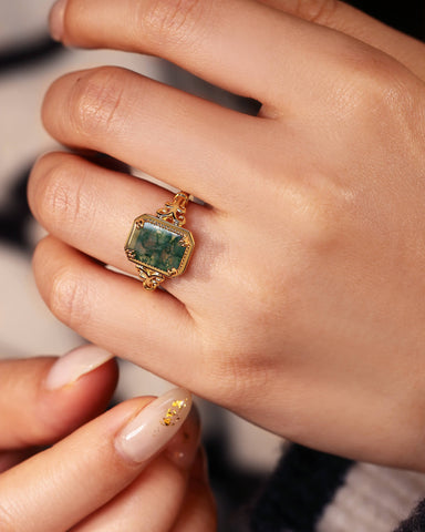 MAVIE Art Deco Style Emerald Cut Moss Agate Engagement Ring