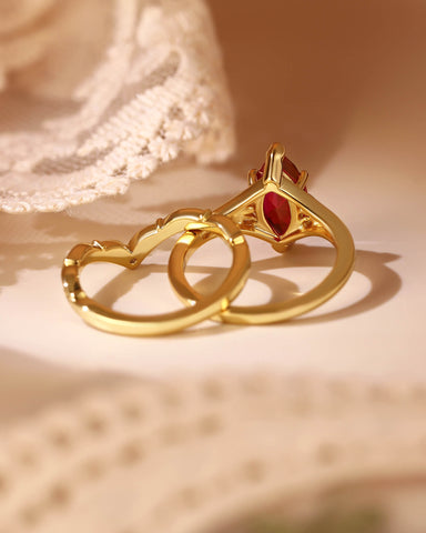 SORREL Fleur-De-Lis Vintage Marquise Cut Ruby Engagement Ring Set