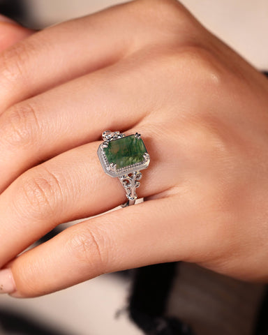 MAVIE Art Deco Style Emerald Cut Moss Agate Engagement Ring