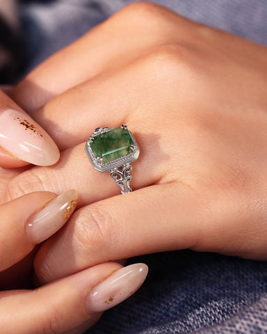MAVIE Art Deco Style Emerald Cut Moss Agate Engagement Ring