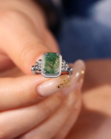 MAVIE Art Deco Style Emerald Cut Moss Agate Engagement Ring