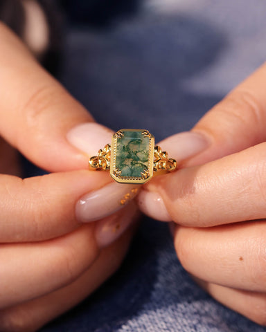 MAVIE Art Deco Style Emerald Cut Moss Agate Engagement Ring