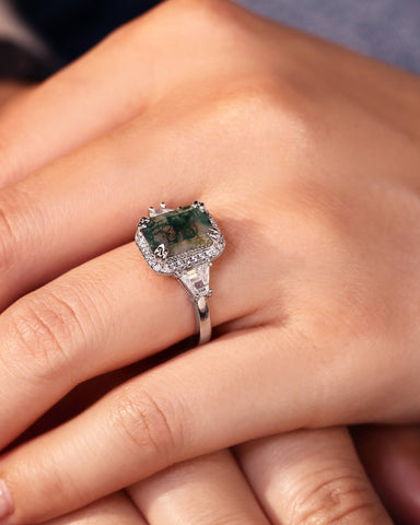 BLYTHE Emerald Cut Moss Agate Vintage Halo Engagement Ring
