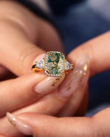 BLYTHE Emerald Cut Moss Agate Vintage Halo Engagement Ring