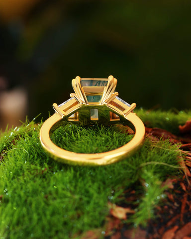 ABELLA Vintage Three Stone Emerald Cut Moss Agate Engagement Ring