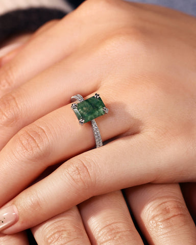 REVERIE Emerald Cut Moss Agate Double Claw Engagement Ring