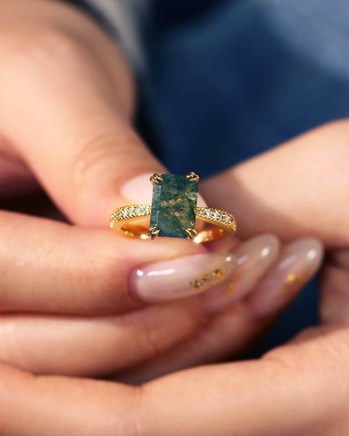 REVERIE Emerald Cut Moss Agate Double Claw Engagement Ring